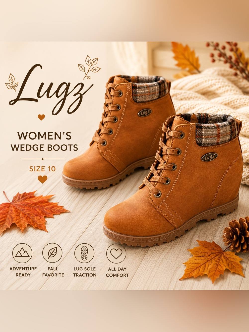 Women’s Tan Wedge Hiking Boots Plaid Collar Lace Up Size 10 Waterproof